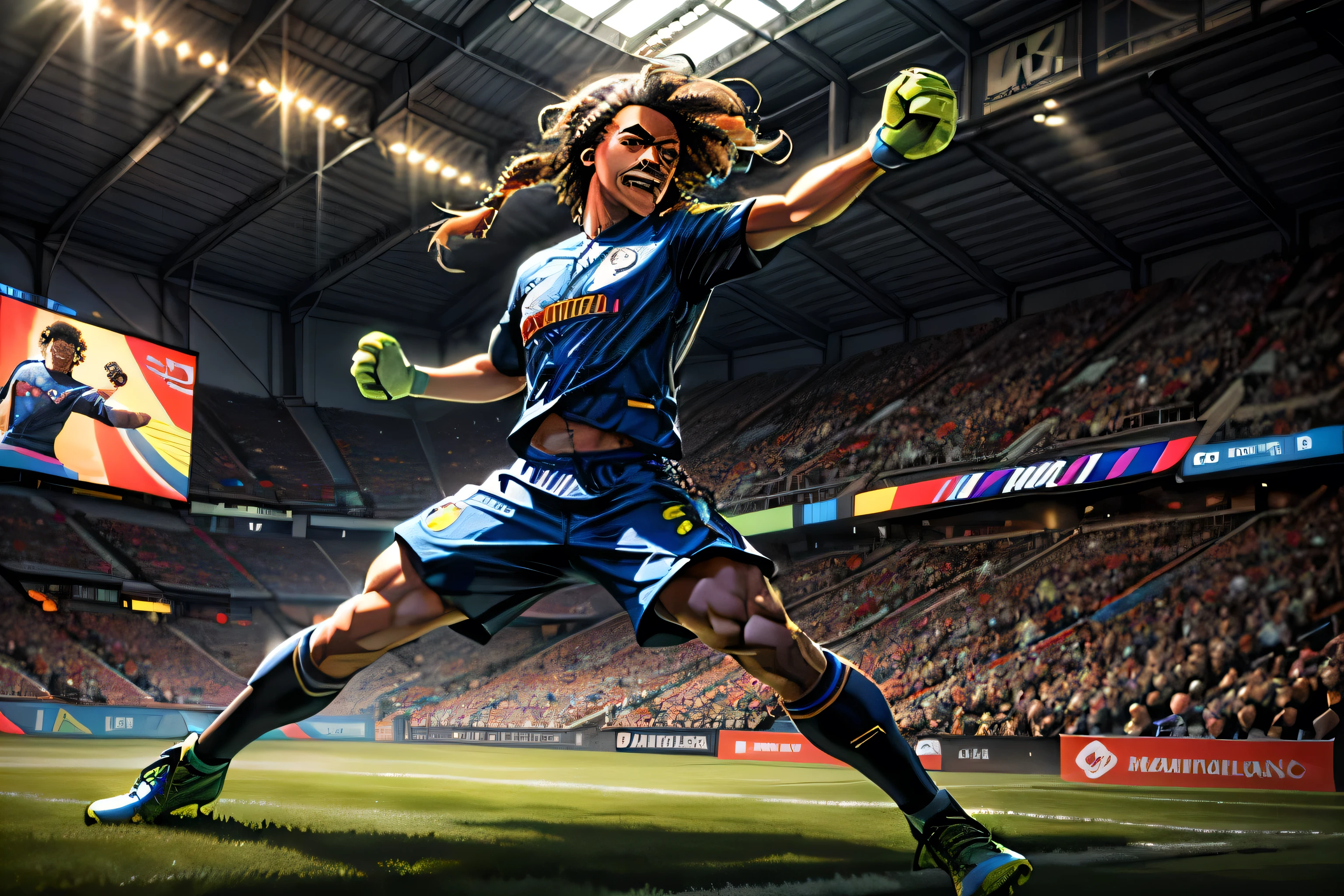 (best quality, 4k, 8k, high resolution, masterpiece: 1.2), ultra detailed, (realistic, photorealistic, photorealistic: 1.37),(best quality, highres, vivid colors), soccer game, energetic players, passionate fans, intense competition, stadium lights, dynamic movement, powerful kicks, celebratory cheers, dribbling skills, goalie saves, , stadium atmosphere, cheering crowd, grass field, cheering supporters, adrenaline rush, braids, braided hair