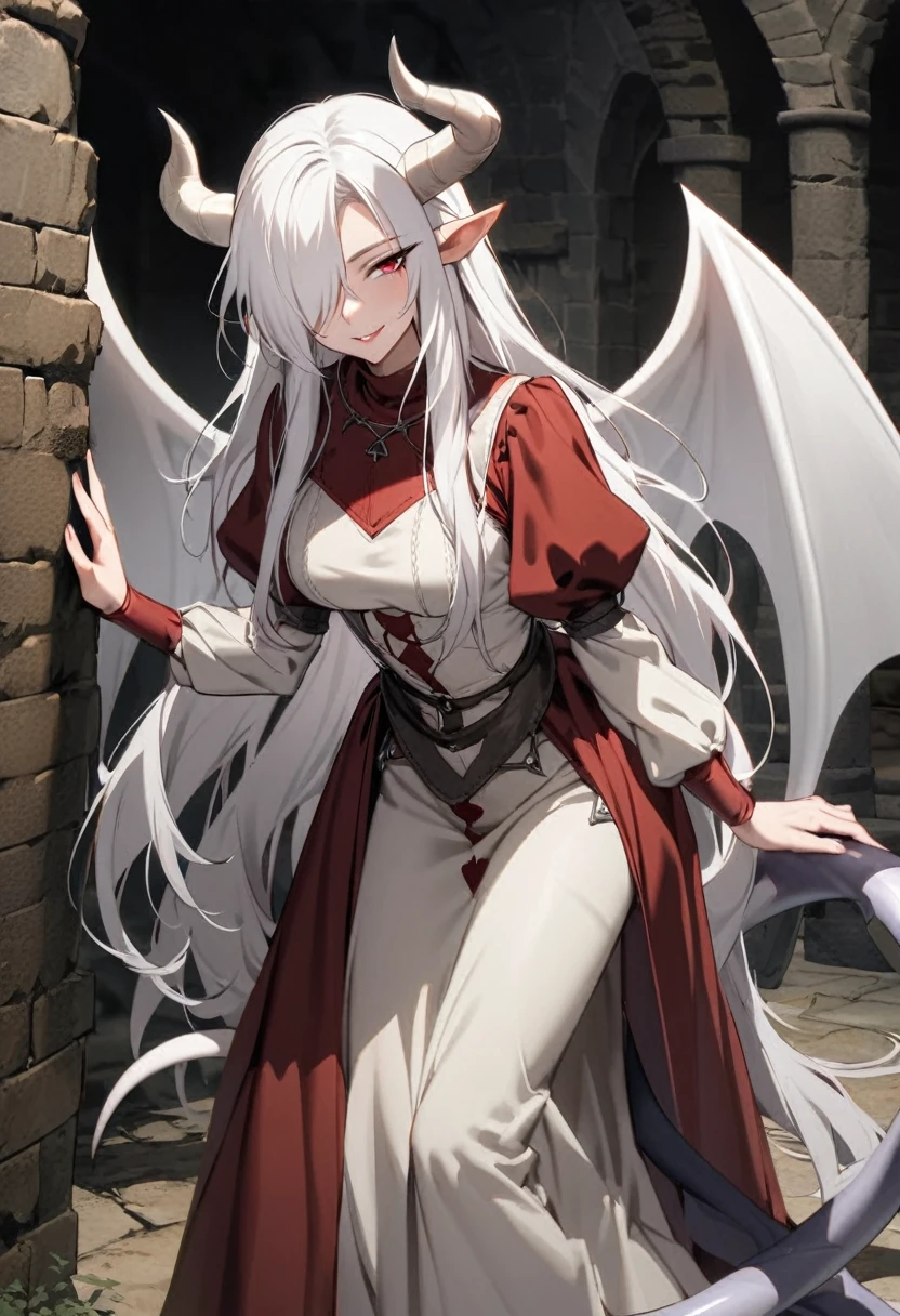 solo, male, sfw, medium shot, white demon wings, white horns, swept forward horns, spade tail, white tail, extremely long hair, silky hair, white hair, red eyes, hair over one eye, seductive smile, medieval, tight clothes, incubus, dungeon, Juliette sleeves