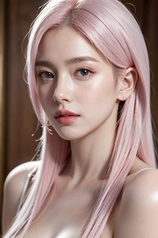 8K, ultra hd, masterpiece, very realistic, 1 girl, elegant, ornate, accessories, , pale beautiful pink hair, pink eyes, perfect lips, very detailed face and skin texture , best quality, clear photo, highest quality, huge breasts, sexy pink suit, close up