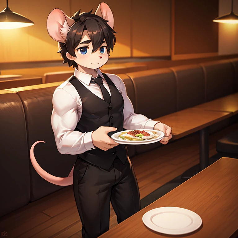 A small mouse bodybuilder waiter wearing a shirt and a black jile and a black tie with large black pants in a restaurant lonely