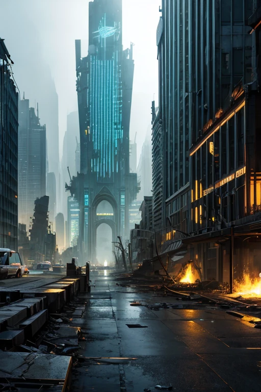 highest quality、A ruined futuristic city、dim、green、Surrealism