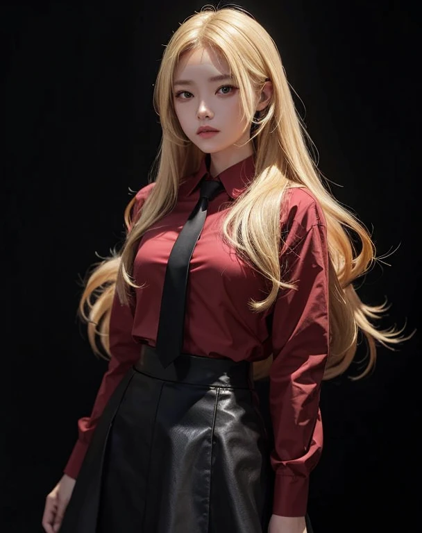 1girl,blonde long hair, wear a red shirt,similing,long tie, black skirt, stand, facing forward,black background