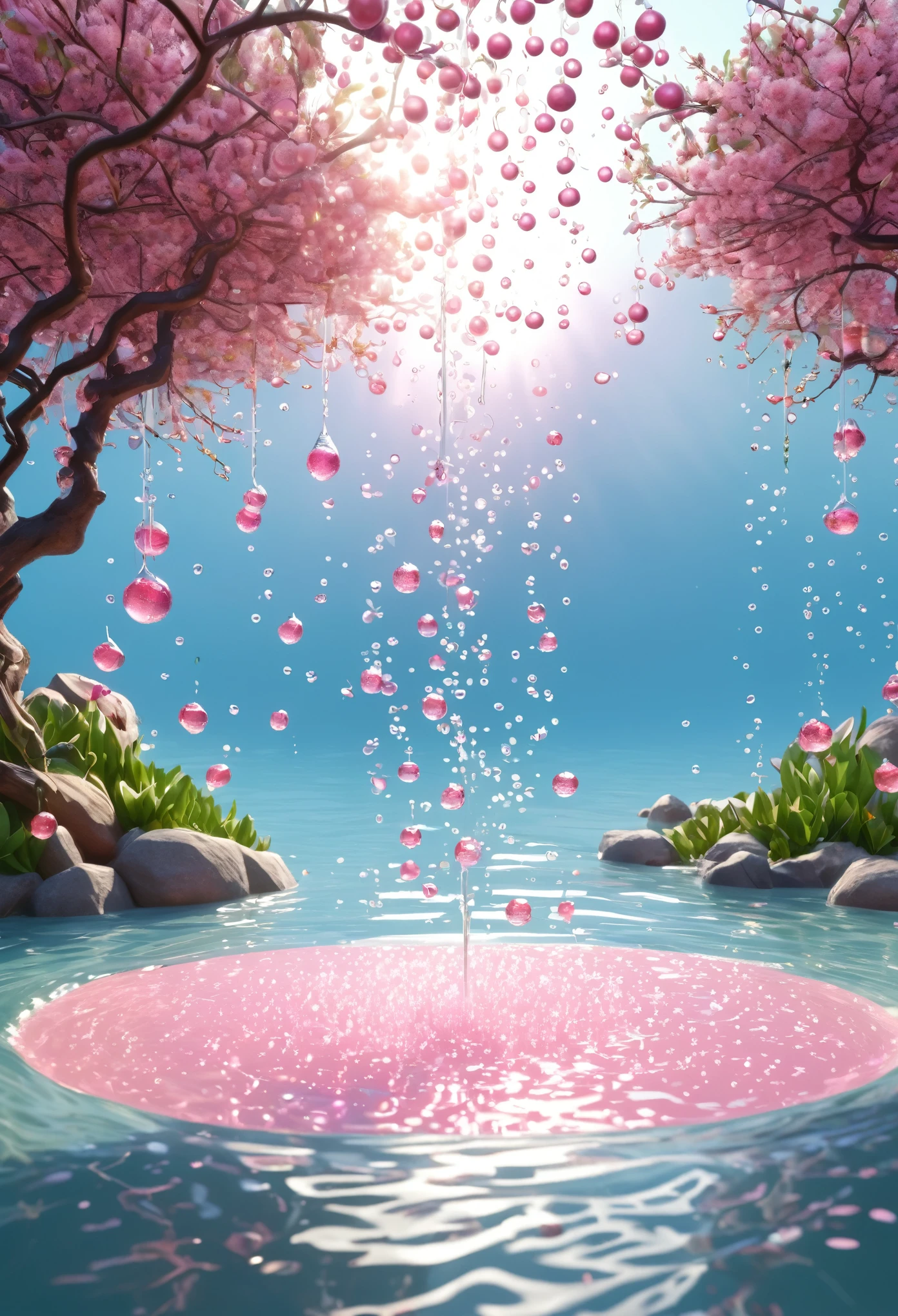 A 3D photo wallpaper in which reality dances with the imagination, creating a realm that exists in the delicate space between sleep and wakefulness. Immersed in a serene pink glow, a wildly blooming branch with peaches heralds the rebirth of spring among sun drops and water bubbles. The fruits, decorated with pink drops, shine under the sun's rays, reflecting light and shadows, creating the illusion of precious stones at a spring festival of nature.The rosewater kingdom gently pulls the branch in its own way, like a skilled 3D artist, using the power of reality visualization to create the illusion of an underwater world. The branches, blooming flowers and fruits seem to catch the whisper of the wind flowing through the soft pink water, where each bubble becomes a tiny universe full of wonders and a harbinger of new life.Like a masterpiece of modern 3D graphics created to advertise a fine drink or a magnificent perfume, each element of the composition is skillfully combined to seduce th