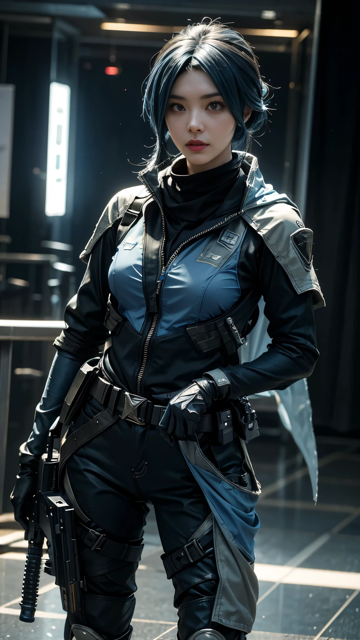 8K, UHD, masterpiece, 1 girl, detailed face, smart face, sunglasses, detailed eyes, sniper rifle in hand, battlefeild, call of duty cosplay, call of duty modern warfare 3, ((ghost tribe)), ((blue cosplay:1.5)), belts, gun, methic gun, futuristic art, cyberpunk lihting, ultra extreme graphics, RTX 4090, ray tracing, bloom, depth of field, motion blur, MVP Moment,