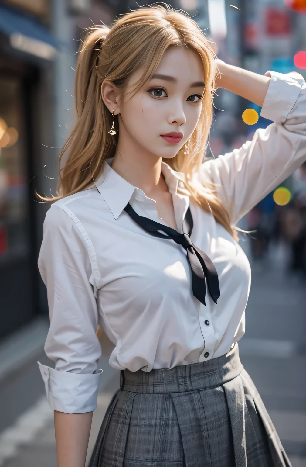 Gray eyes, Korean , Summer shirts, Ribbon Tie, skirt, Bright Blonde, Chest push-down pose, Exaggerated chest posture, 8k original picture, high resolution, 16 year old Korean guy is so handsome, Round, plump breasts, Beautiful eye details, Long eyelashes, Beautiful double eyelids, Eyeshadow, Eyeliner, Slender eyes, Elongate the eye shape, Three white eyes, Evil smile, Express, Very beautiful and slender legs, Beautiful and slender thighs, random hit, hair tied behind the head, earrings,Random Location,Random Direction Photos,Random Clothing