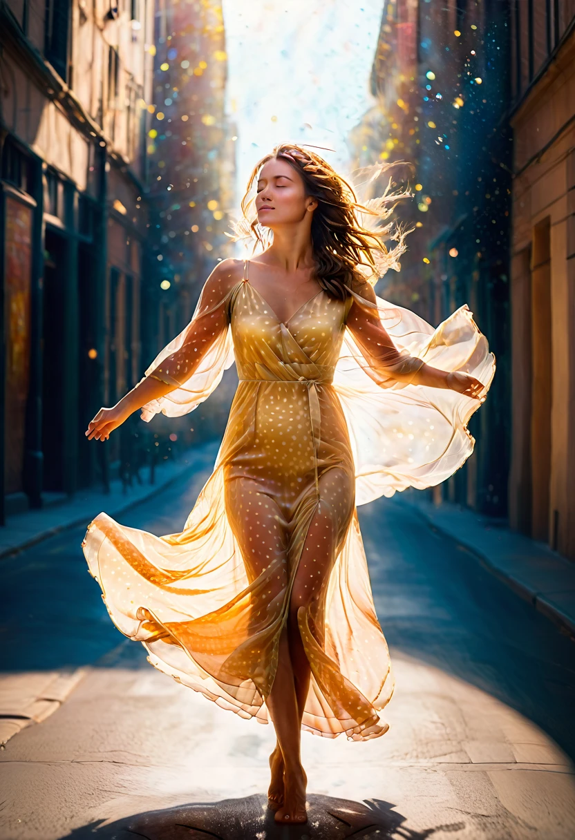 A sexy brown-haired woman in a translucent airy polka dot dress fluttering in the wind barefoot on a clean street holds the dress, strong wind, Genre painting, glowing light, ray tracing, backlighting, image fill, rotational symmetry, pov, wide shot, from below, from side, bokeh, lens flare, 35mm, f/1.8, Hasselblad, cinematic lighting, anatomically correct, UHD, retina, ccurate, masterpiece, super detail, best quality, 8k, bright light, perfect eyes,