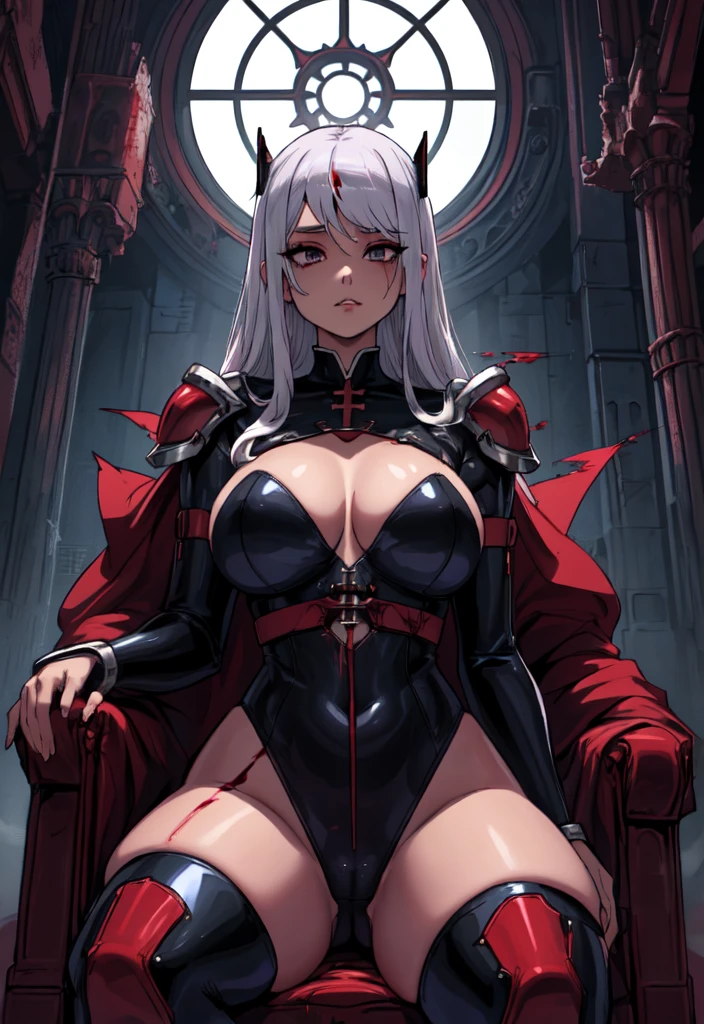 anime nun girl in a black bodysuit outfit in a gothic cathedra, nun outfit, nun, wearing shiny breastplate, cyberpunk, divine ray over her head, holy armor, holy cyborg necromancer girl, vampire nun, behind her a gothic cathedral, thicc, blood rayne, vampir hunter d, sliver hair, blood, creepy,