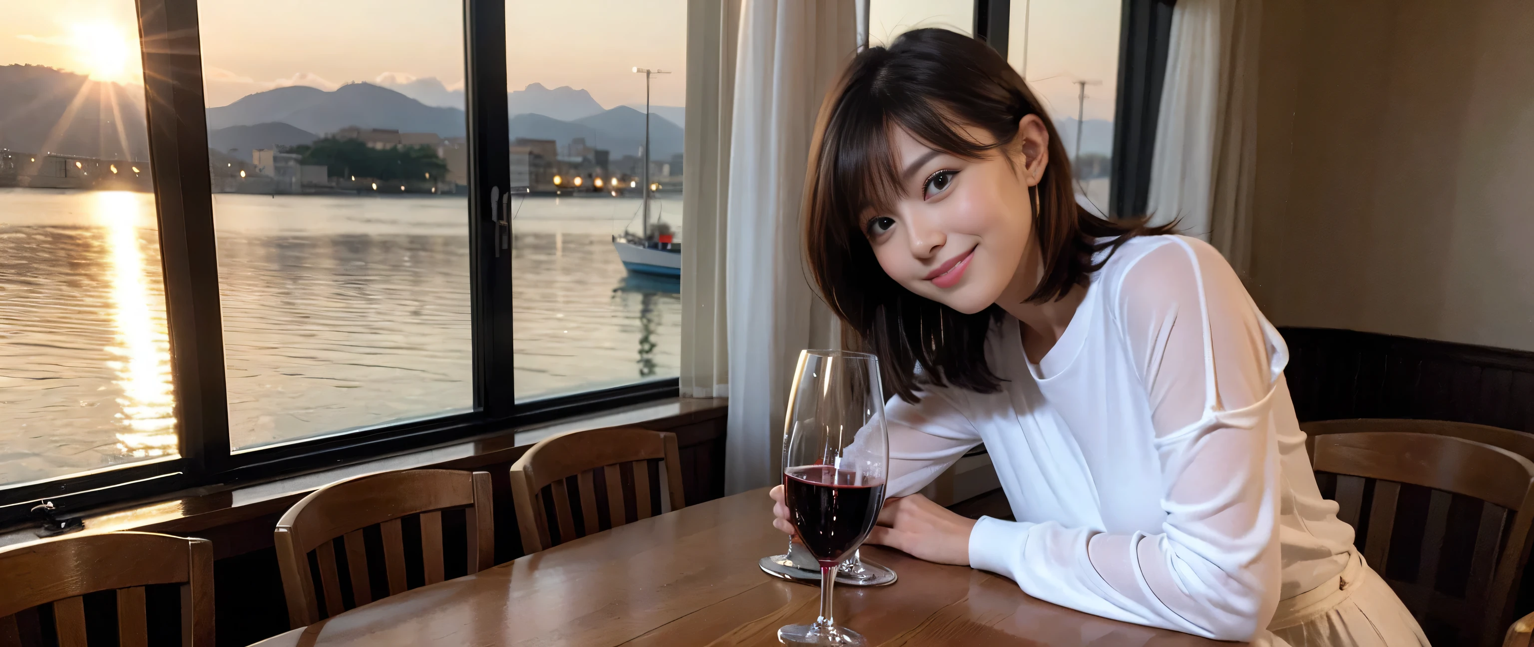 ((highest quality、8k、masterpiece:1.3))、1 male 1 female、Couple、lover、Couple、Slim body、((Bob Hale、Straight hair:1.2))、(to be born, highest quality, masterpiece:1.5), (Realistic, Intricate details:1.2), Wine glass on the table、Put the light on your face、 Amazing view of the sunset sky and clouds、Amazing mountain views、A bright smile、The wonderfulness of smile、Bright image、The beauty of wine, Beautiful Face, blue eyes, The light shines on your face, Blushing, short hair,Bright Face、 (43 years old), 39 years old, red wine 、Appetizers、Italian food、Wine bottle、Champagne、sparkling wine、Two beauties、Brown Hair、Shortcuts、Long sleeve shirt、dress、Pretty Woman 1, (Slim face), (The body is slim), (Brown Hair), (Shortcuts), cheeks turn a little red,Attractive beauty、, Out of the window, A beautiful and detailed night view unfolds.........., restaurant, In a prominent place (From the waist up) Nova Frog Style, actress, model, Upper Body, White wine, slim, wine glass, A wine glass placed in the middle, smile, (smile: 1.15), Beautiful fine grain, Depth f/2,saturation, High Contrast, Strong light and shadow,Moist Body:1.5、3D texture、Delicate eyes、Brown Hair、The hair is very shiny、