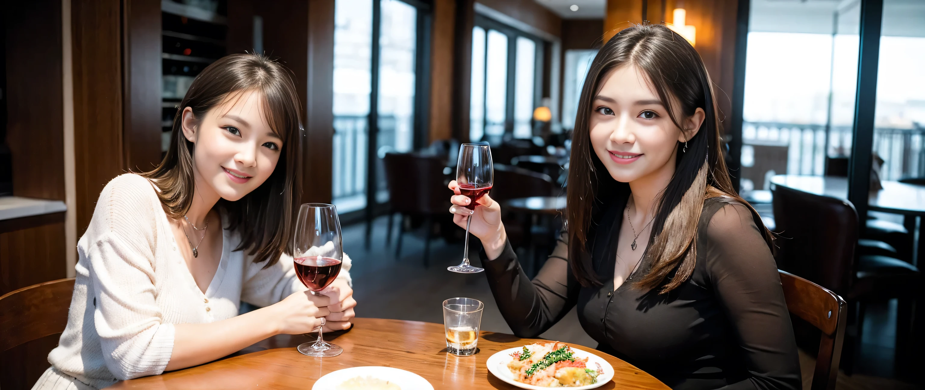 ((highest quality、8k、masterpiece:1.3))、1 male 1 female、Couple、lover、Couple、Slim body、((Bob Hale、Straight hair:1.2))、(to be born, highest quality, masterpiece:1.5), (Realistic, Intricate details:1.2), Wine glass on the table、Put the light on your face、 Amazing view of the sunset sky and clouds、Amazing mountain views、A bright smile、The wonderfulness of smile、Bright image、The beauty of wine, Beautiful Face, blue eyes, The light shines on your face, Blushing, short hair,Bright Face、 (43 years old), 39 years old, red wine 、Appetizers、Italian food、Wine bottle、Champagne、sparkling wine、Two beauties、Brown Hair、Shortcuts、Long sleeve shirt、dress、Pretty Woman 1, (Slim face), (The body is slim), (Brown Hair), (Shortcuts), cheeks turn a little red,Attractive beauty、, Out of the window, A beautiful and detailed night view unfolds.........., restaurant, In a prominent place (From the waist up) Nova Frog Style, actress, model, Upper Body, White wine, slim, wine glass, A wine glass placed in the middle, smile, (smile: 1.15), Beautiful fine grain, Depth f/2,saturation, High Contrast, Strong light and shadow,Moist Body:1.5、3D texture、Delicate eyes、Brown Hair、The hair is very shiny、