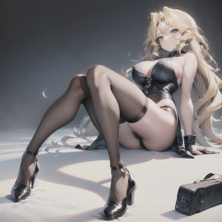 1 girl, Medium shot, whole body,blond hair,Black shoes,blue eyes,Long legs,Straight Legs,Black tights,Big ,Large Breasts,