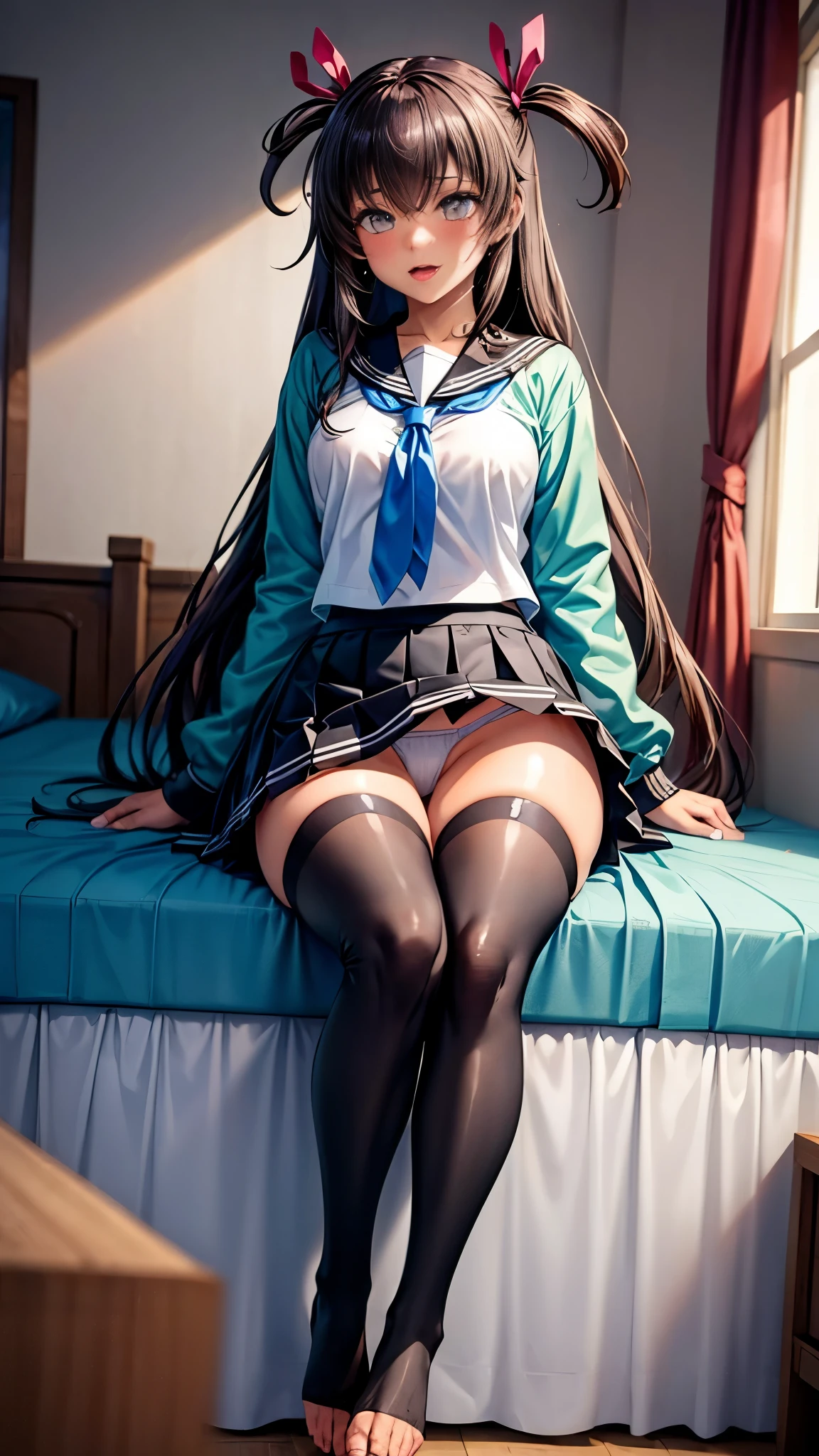 highest quality,masterpiece,8k,1girl,medium breasts,orgasm,blush, sweat,mini skirt,lift skirt,upskirt,white panties,Mizuki Yukikaze,hair ribbon, green shirt, serafuku, white neckerchief, long sleeves, pleated skirt, black skirt, black thighhighs,bedroom,((footjob:1.1)),man,penis