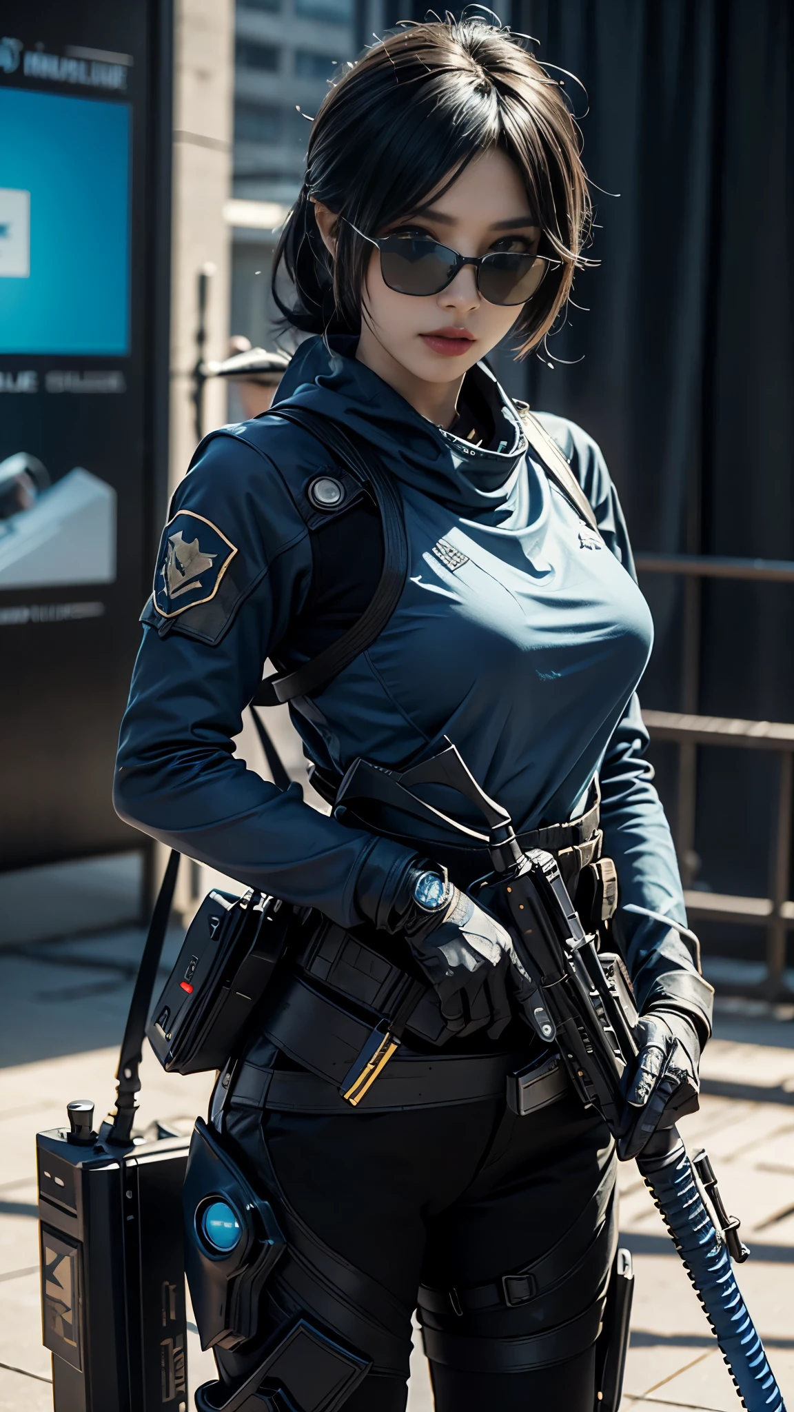 8K, UHD, masterpiece, 1 girl, detailed face, smart face, ((sunglasses)), detailed eyes, sniper rifle in hand, battlefeild, call of duty cosplay, call of duty modern warfare 3, ((ghost tribe)), ((blue cosplay:1.5)), belts, gun, methic gun, futuristic art, cyberpunk lihting, ultra extreme graphics, RTX 4090, ray tracing, bloom, depth of field, motion blur, MVP Moment,