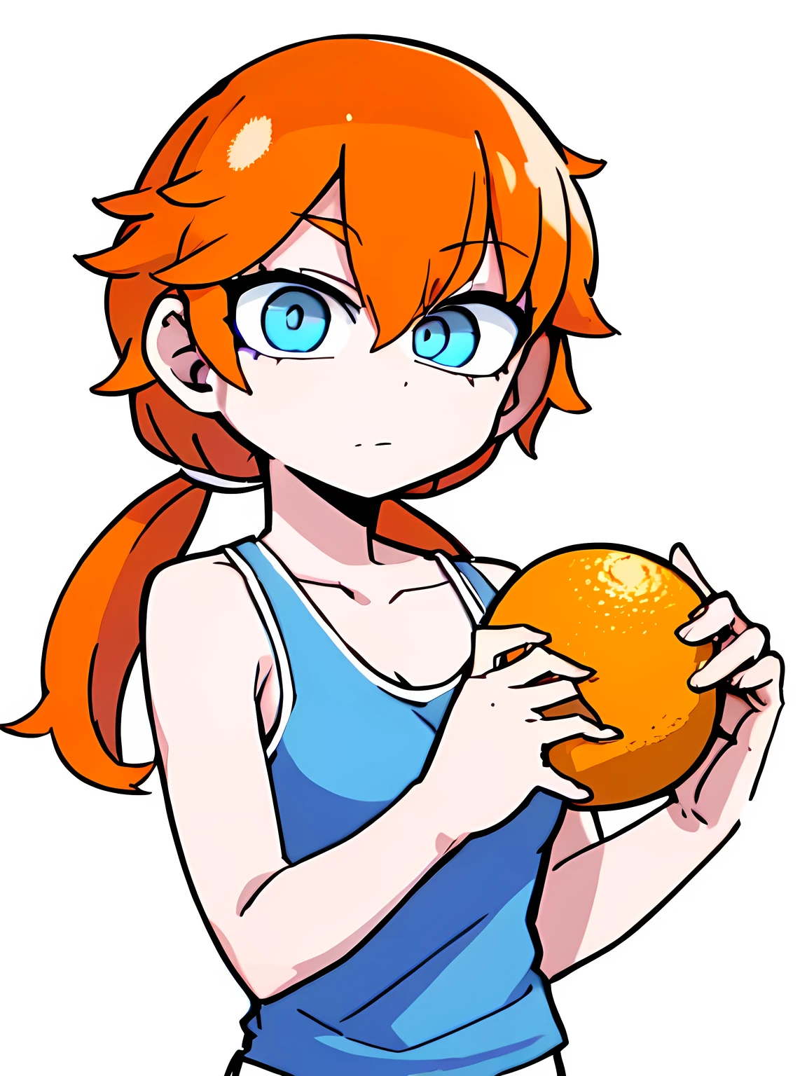 1girl,solo,upper body,low twintails,orange curly hair,(((blue eyes))),white tanktop,white background