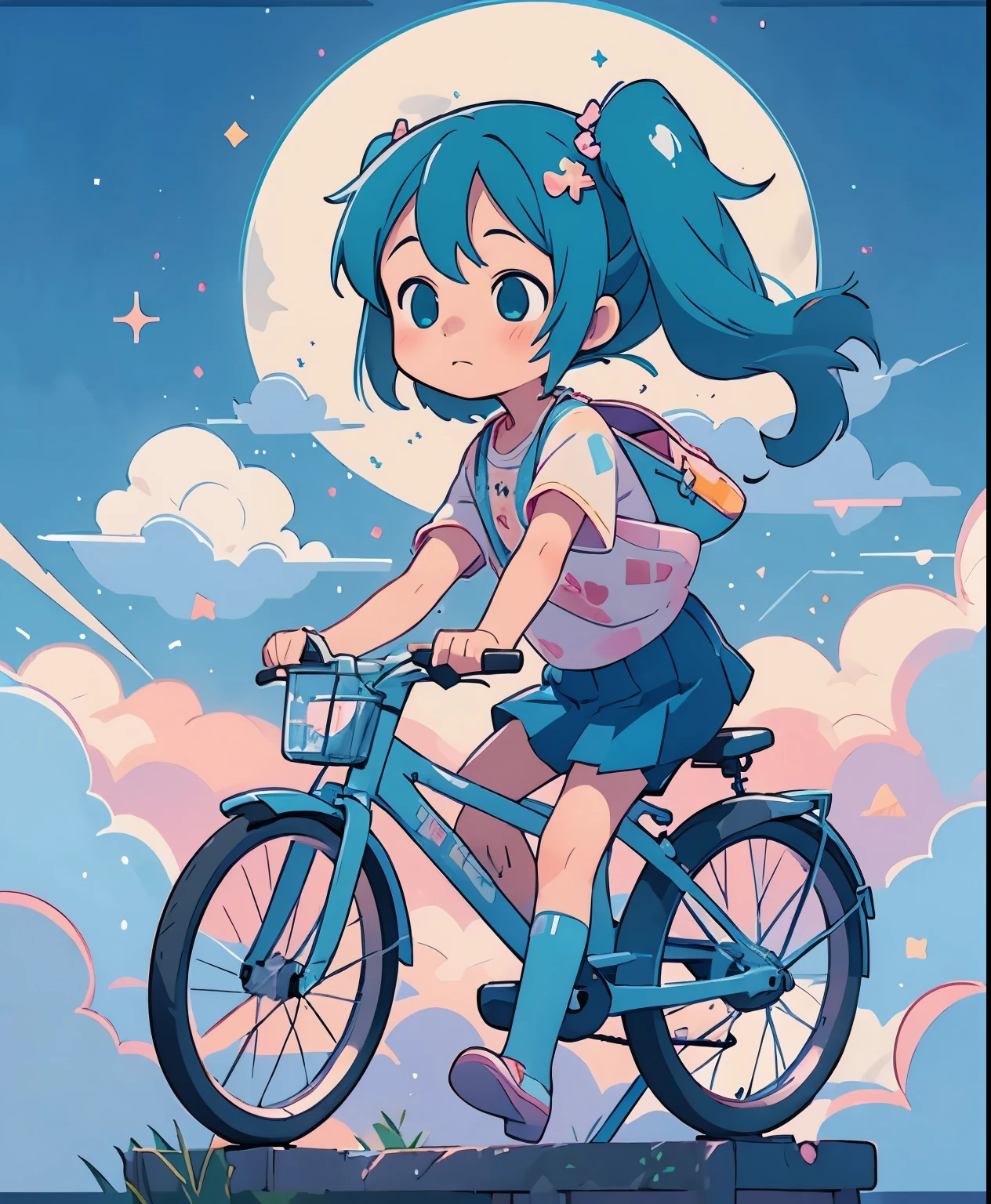 (masterpiece、highest quality、highest quality、official art、beautiful beautiful:1.2)、(1 girl:1.3)Hatsune Miku、twin tails,big breasts,Anime girl riding a bicycle under the moonlight with a full moon in the background, anime moe art style, mikudayo, Chibi anime girl, chibi girl, anime chibi, watercolor nendoroid, cute anime girls, (anime girl), chibi art, cute art style, Anime visuals of cute girls, Chibi Anime, pixiv, cute anime, starry sky!!