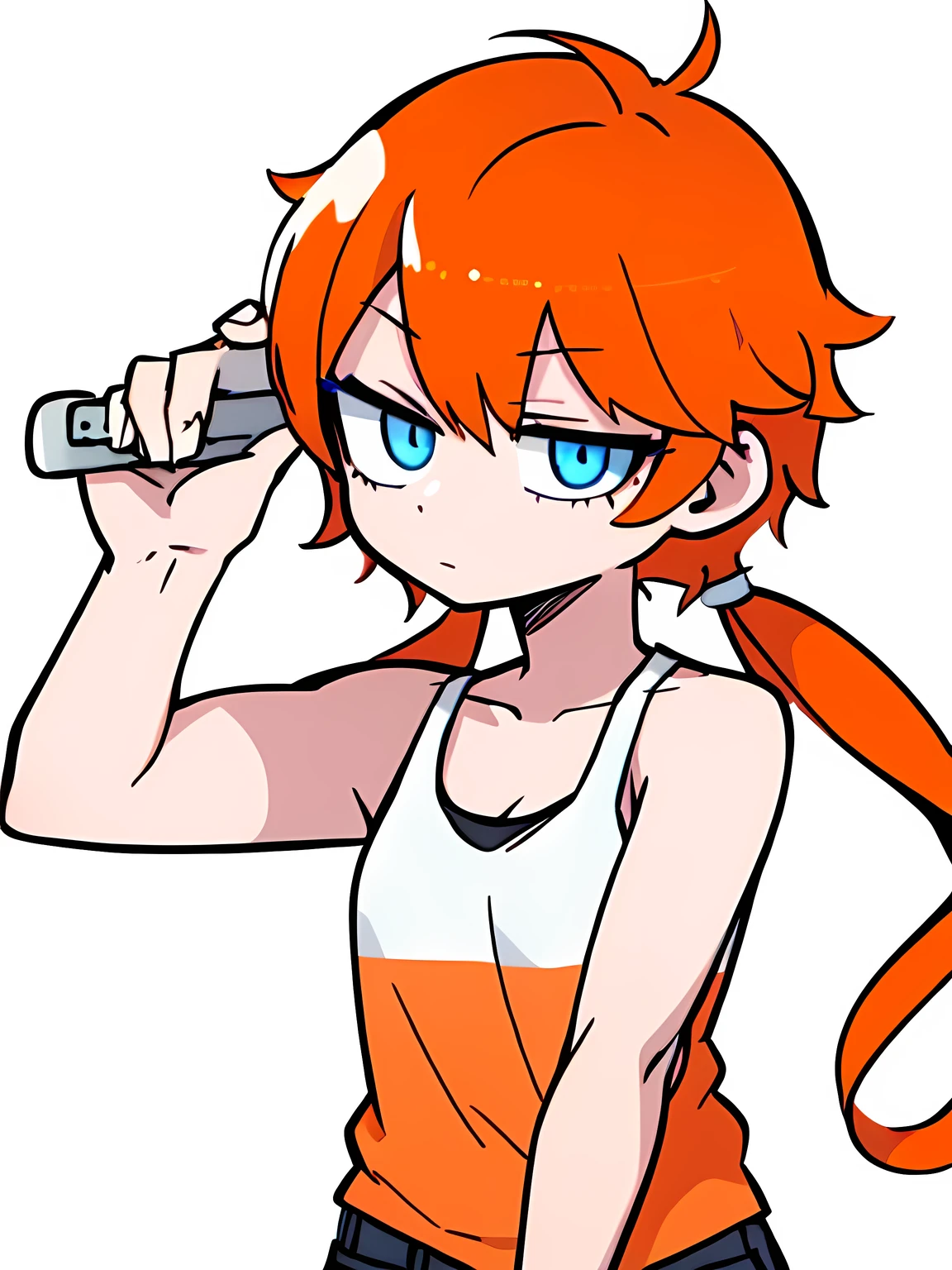 1girl,solo,upper body,low twintails,orange curly hair,(((blue eyes))),white tanktop,white background