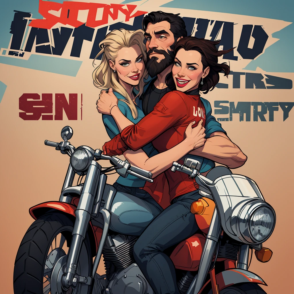 create style Cartoon style digital illustration GTA style a couple a man with a beard and black lumberjack style hair together with the actress Cristina Ricci hugging in love in the background a Harley Davidson motorbike Cartoon style digital illustration GTA style