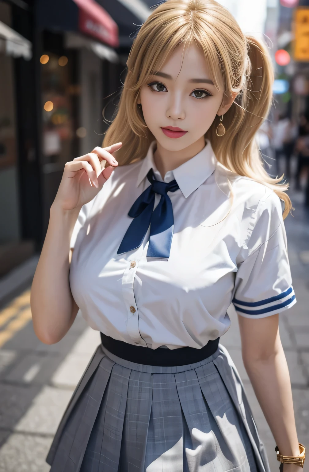 Gray eyes, Korean , Summer shirts, Ribbon Tie, skirt, Bright Blonde, Chest push-down pose, Exaggerated chest posture, 8k original picture, high resolution, 16 year old Korean guy is so handsome, Round, plump breasts, Beautiful eye details, Long eyelashes, Beautiful double eyelids, Eyeshadow, Eyeliner, Slender eyes, Elongate the eye shape, Three white eyes, Evil smile, Express, Very beautiful and slender legs, Beautiful and slender thighs, random hit, hair tied behind the head, earrings,Random Location,Random Direction Photos,Random Clothing