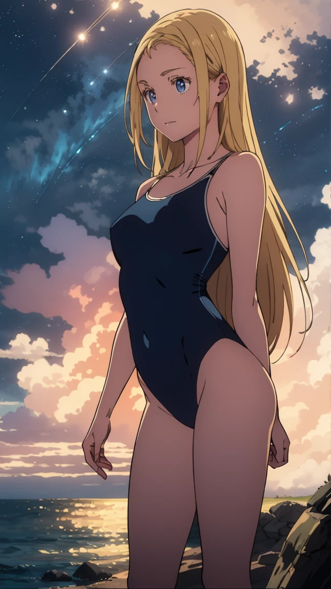 {{kofune ushio}}, {summertime render}, shining sky blue eyes, long blonde hair, , medium breasts, blue one-piece swimsuit, bare shoulders, bare legs, school swimsuit,1girl, solo,very aesthetic, best quality, amazing quality, ,curated, illustration, highly detailed, anime coloring,Night sea background
BREAK
Golden Hour, (Rim Light):1.2, Warm tones, Solar flare, Soft Shadows, Vibrant colors, Painterly effect, Dream-like atmosphere 
BREAK
Beautiful sea, Calm water, reflection, Clouds illuminated by the moon, Peaceful atmosphere, Beautiful starry sky, Super detailed, Official Art, unity 8k wallpaper , Tangled, Mandala,(nsfw:1.3)