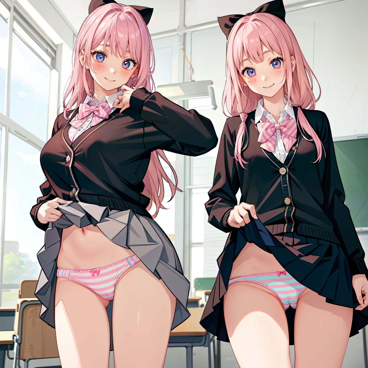 ((2 girls))、(smile:1.5)、Small breasts、(Cowboy Shot)、(fun!!)、(cardigan)、()、(blush:1.4)、Blonde、()、(Eye highlights:1.3)、Blake Black Shoes,(黒いskirt)、bow, button, shirt with collar, Long sleeve, ((red bow tie, , Black jacket, Open jacket, 茶色のcardigan, white shirt, 黒のskirt, チェック柄のskirt、white socks)),, shirt,, skirt, socks, Thighs, white shirt, Rest indoors, ((classroom:1.5))、 BREAK while watching the audience、(skirtを掴む:1.0)、 (Perfect hands, Perfect Anatomy),Cowboy Shot、(skirt lift:1.3),(Highly detailed panties:1.3)、(Highly detailed pink striped panties:1.3)、、(skirt that rolls up:1.3)、(Full-fledged panties:1.5)、Light blue eyes、Glowing Eyes、long hair