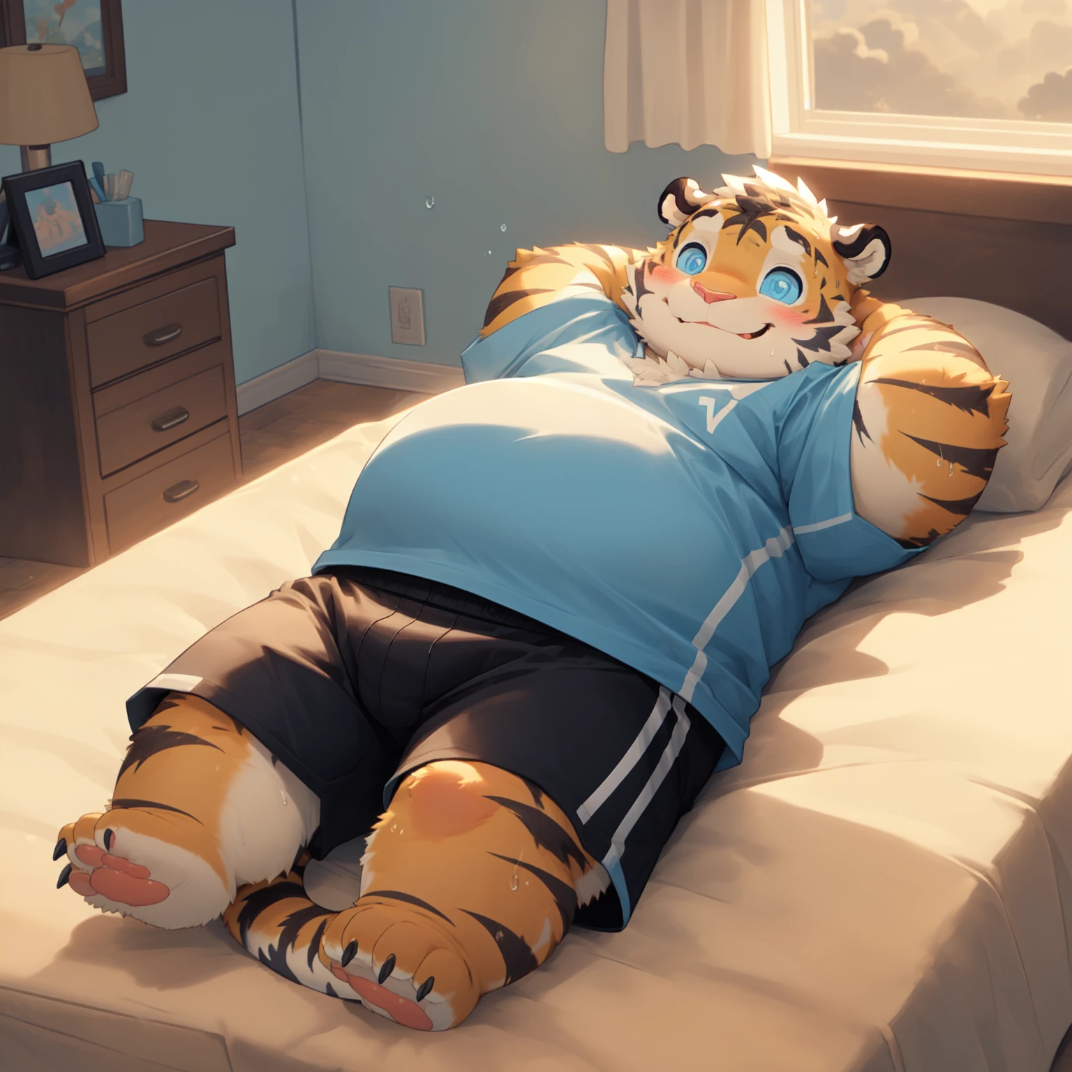 New Jersey 5 Furry,Tiger,Chubby,Fat,Chubby arms,Fleshy claws,Child,Solitary,t-shirt,shorts,Plush fur,Chubby脸,Black eyebrows,Sky blue eyes,(bedroom),(happy eyes:1.2),(Lying in bed),The sun shines in through the window,blush,Smile,Sweating
