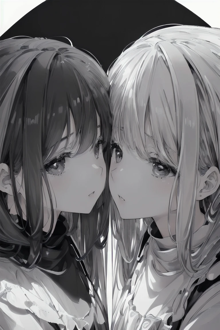 (Absurd:1.5), (Masterpiece:1.3), Top Quality, Absolute Resolution, Unity 8K Wallpaper,ultra-detailed,(realistic,photorealistic,photo-realistic:1.37),(black and white background:1.9), dreamy atmosphere,impressionistic style,soft sunlight, vibrant colors,blurred background,authentic brushstrokes
break
2girls, (((silver-haired girl))), (((a black-haired girl))), 2 girls are facing each other
