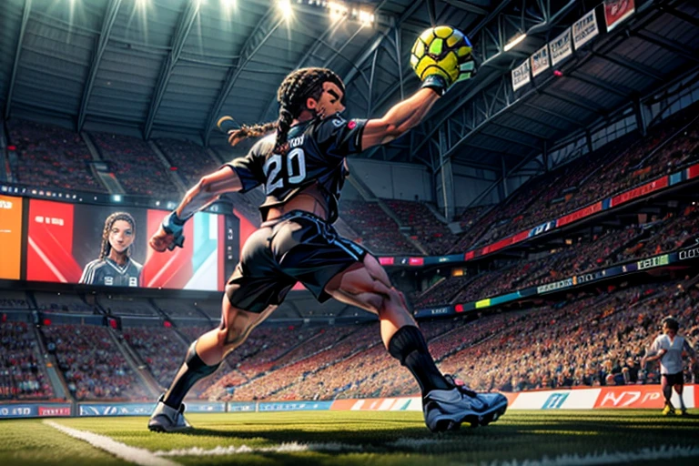 (best quality, 4k, 8k, high resolution, masterpiece: 1.2), ultra detailed, (realistic, photorealistic, photorealistic: 1.37),(best quality, highres, vivid colors), soccer game, energetic players, passionate fans, intense competition, stadium lights, dynamic movement, powerful kicks, precise passes, strategic tactics, thrilling goals, celebratory cheers, dribbling skills, goalie saves, referee whistle, team jerseys, stadium atmosphere, cheering crowd, grass field, cheering supporters, adrenaline rush, braids, braided hair