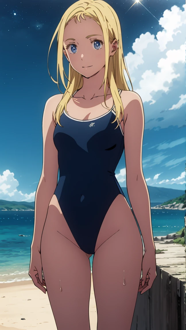 {{kofune ushio}}, {summertime render}, shining sky blue eyes, long blonde hair, s old, medium breasts, blue one-piece swimsuit, bare shoulders, bare legs, school swimsuit,1girl, solo,very aesthetic, best quality, amazing quality, ,curated, illustration, highly detailed, anime coloring,Night sea background
BREAK
Golden Hour, (Rim Light):1.2, Warm tones, Solar flare, Soft Shadows, Vibrant colors, Painterly effect, Dream-like atmosphere
BREAK
Beautiful sea, Calm water, reflection, Clouds illuminated by the moon, Peaceful atmosphere, Beautiful starry sky, Super detailed, Official Art, unity 8k wallpaper , Tangled, Mandala,(nsfw:1.3)
