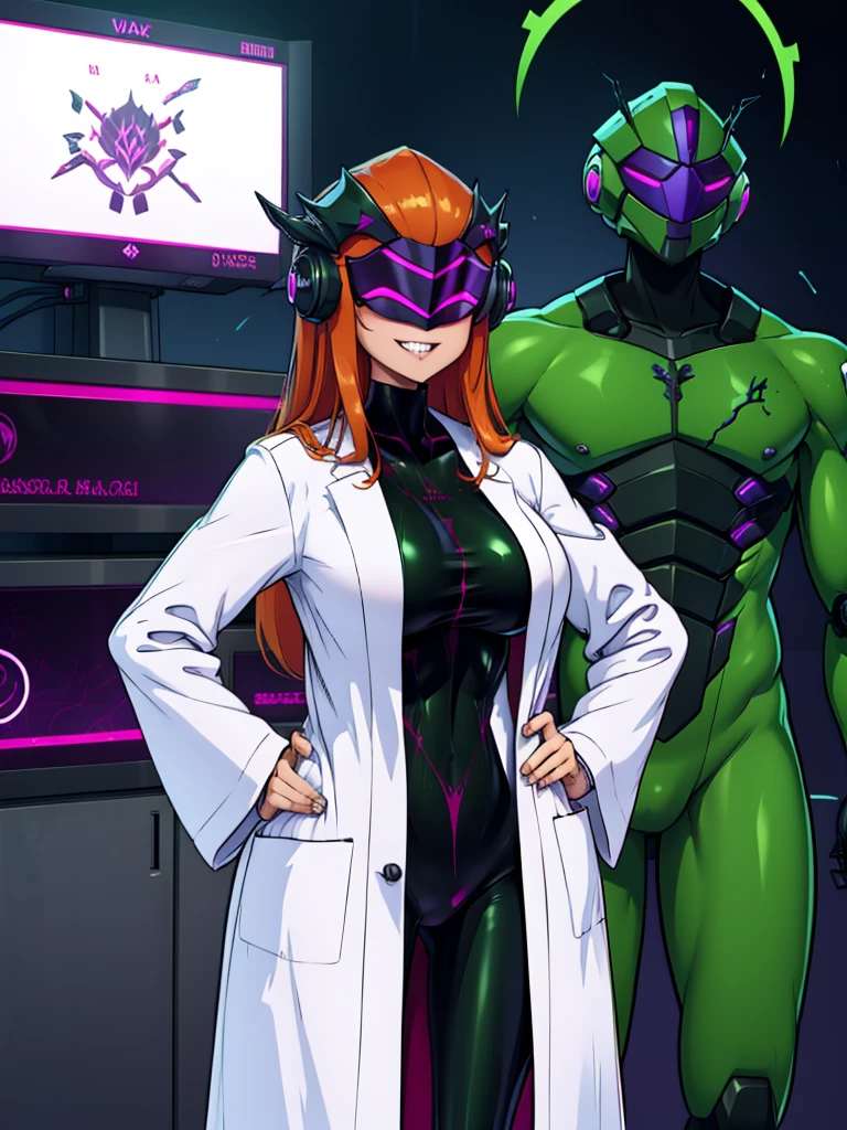 Sfw, safe for work, mind control Sam by spider helmet robot, ginger hair, 'I have Sam's body', successfully possessed Sam, Glowing red piercing eyes, pervy evil grin, 'this is my body now', hahahaha, satisfying looks, venus body, , wearing white laboratory coat with green spy suit underneath, hands on hip, spider helmet