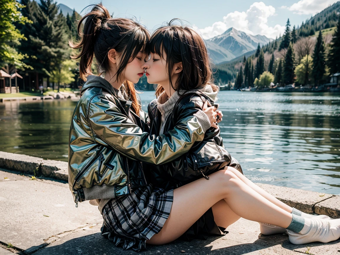 lakeside，two girls，Embrace，kiss，Pure and beautiful，，jacket，Pleated skirt，White socks，thin legs，Very thin，whole body