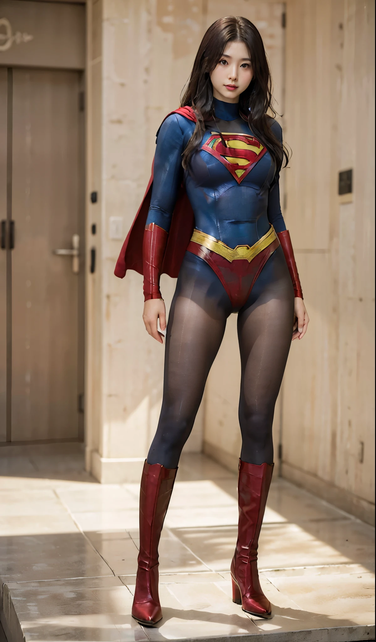 No background、(((Beautiful legs in black tights.)))、(((Legally express the beauty of your smile)))、((((Make the most of your original images)))、(((Body-fitting Supergirl costume)))、(((Supergirl Costume)))、(((Beautiful Hair)))、(((suffering)))、(((Please wear black tights....、Wear red boots)))、((Best image quality、8k))、((highest quality、8k、masterpiece:1.3))、(((Preserve background )))、Sharp focus:1.2、Beautiful woman with perfect figure:1.4、Slim Abs:1.2、Wet body:1.5、Highly detailed face and skin texture、8k