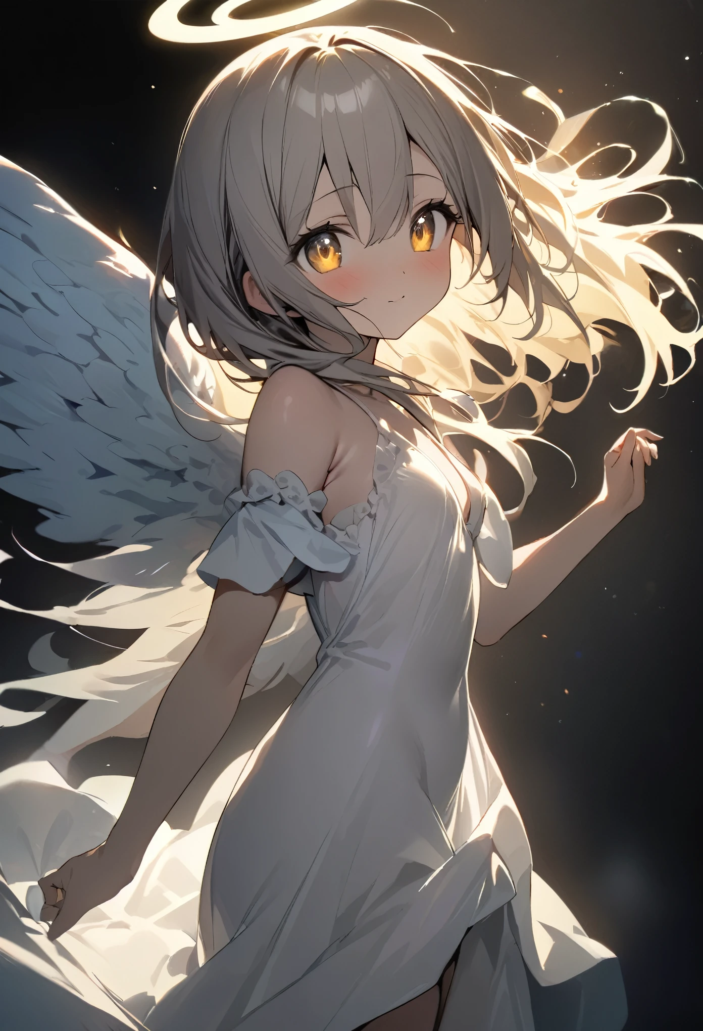 One Girl、Composition seen from a distance、Black Background、god、cute、masterpiece、masterpiece、highest quality、Best image quality、god々々right、dress、Wish、Aura of Light、Angel Wings、Angel Halo、Len、Sparkling、Sparkling、Close ~ eyes