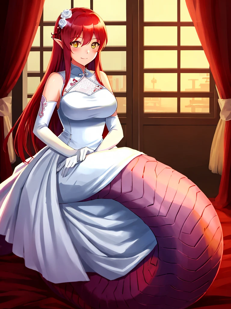 1girl, red lamia, scales, tail, full body, smile, long hair, red hair, yellow eyes, blush, happy face, bedroom, wedding dress, chinese girl, mature female, large breasts, elbow gloves, white gloves,