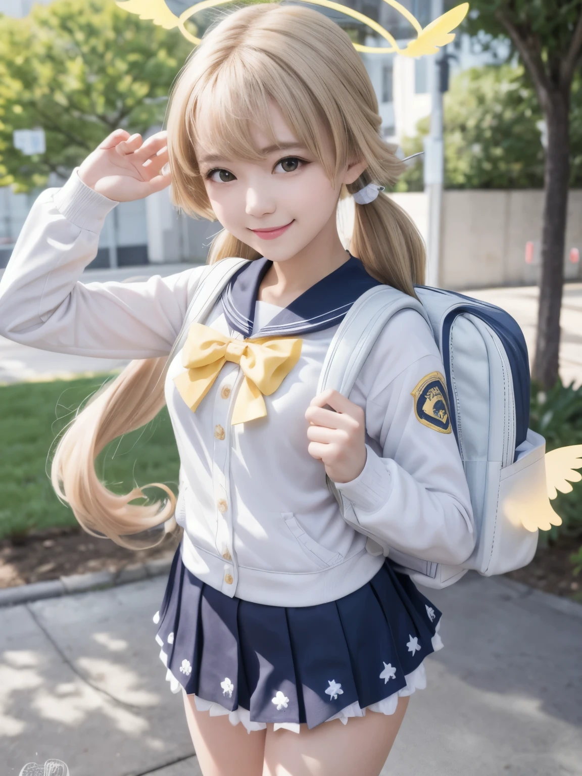 masterpiece, hd,best quality, realistic, cosplayer, 1 girl, hifumidef, halo, blonde hair, holding school backpack , smiling, standing, outdoor 