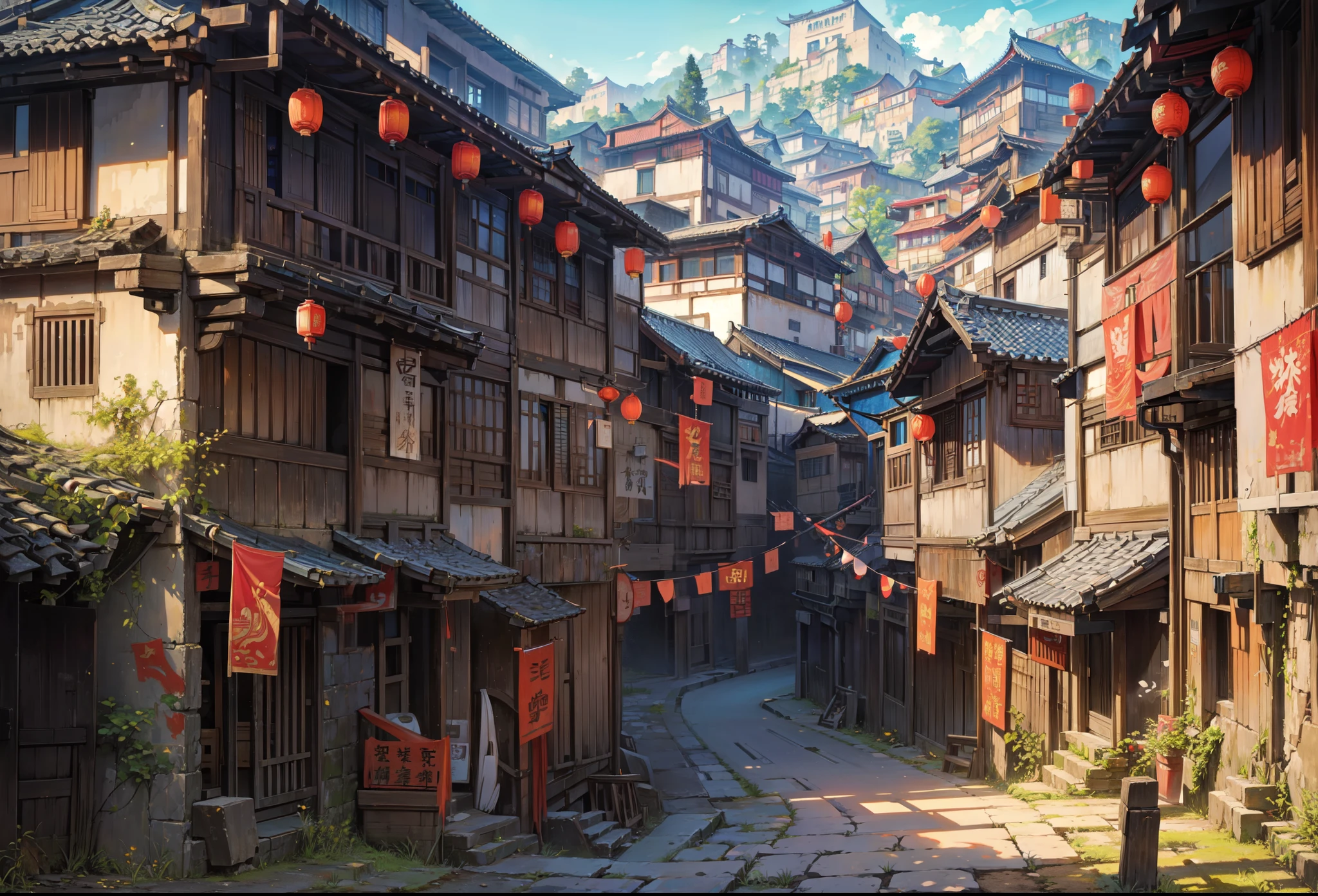 Old ancient chinese town, bright ancient chinese town, beautiful scene, scenery, ancient town, ancient time set, bright color palette, beautiful houses, scene, bright sky, nice enviroment, background, beautiful scene, day time, blue sky, bright sun, ground