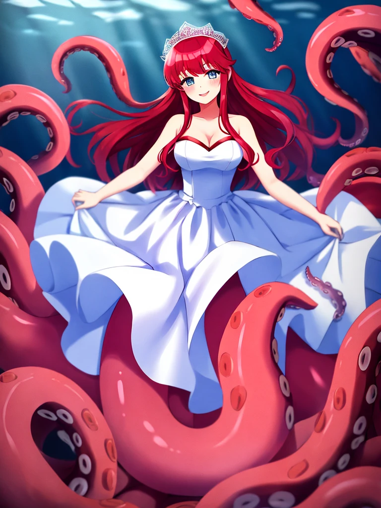 1girl, scylla, tentacles, suction cups, fused, full body, large breast, blue eyes, red hair, long hair, satin wedding dress, red lips, smile, blush, happy face, underwater,