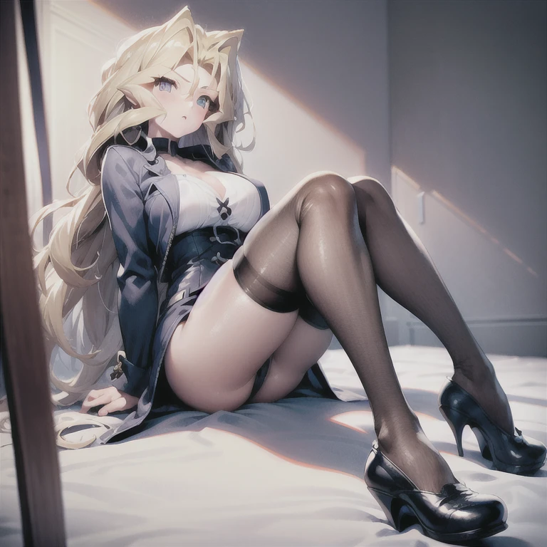 1 girl, Medium shot, whole body,blond hair,Black shoes,blue eyes,Long legs,Straight Legs,stockings,Big ,Large Breasts,