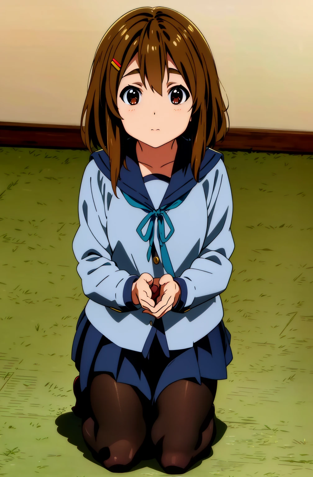 Yui,wearing , skirt, serafuku, black pantyhose, looking at the viewer,standing,sitting,kneeling,squatting,(Masterpiece, Best Quality, Highres), Detailed, Intricate Details, 4K,background schoolyard at Late evening,