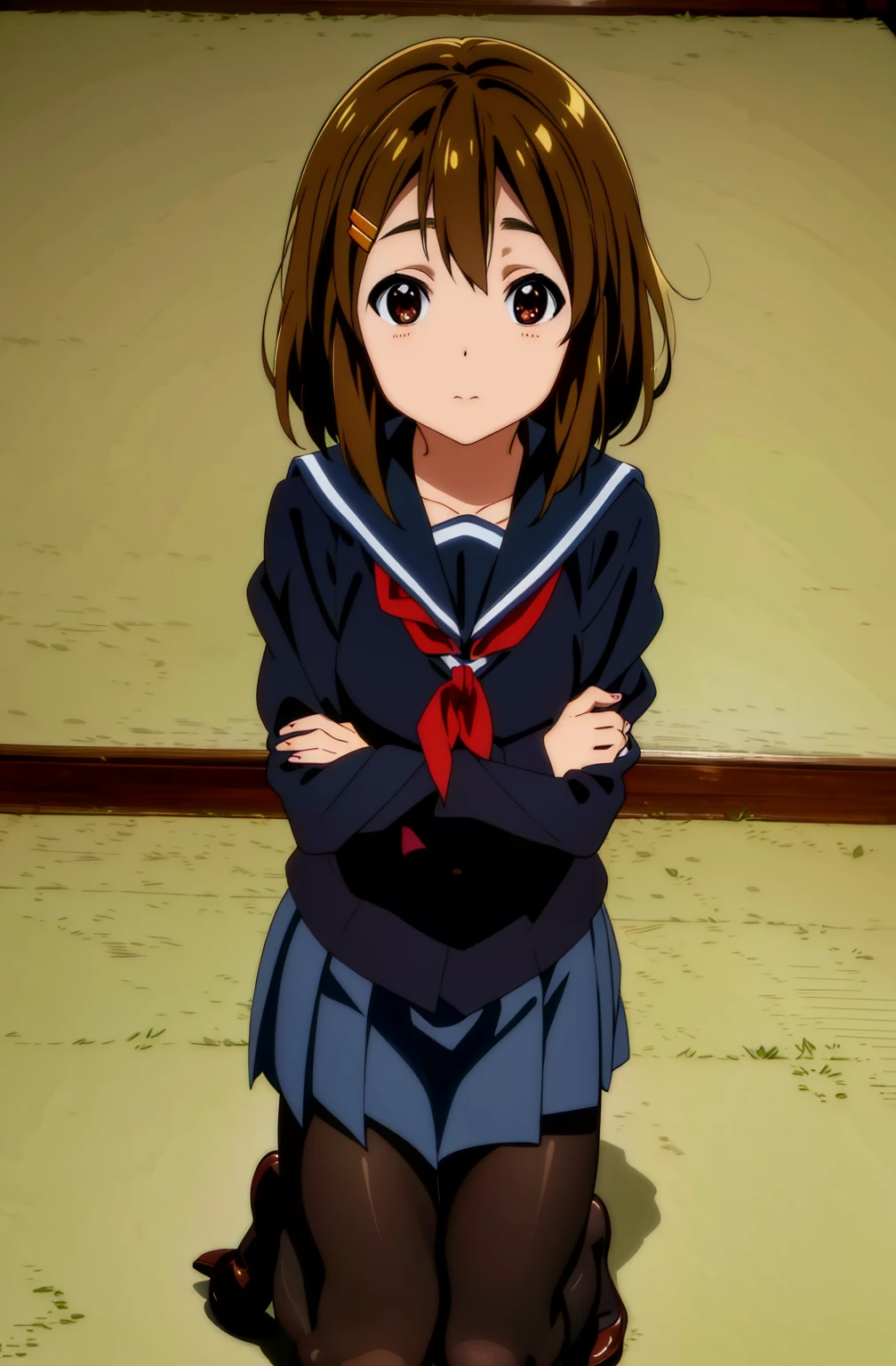 Yui,wearing , skirt, serafuku, black pantyhose, looking at the viewer,standing,sitting,kneeling,squatting,(Masterpiece, Best Quality, Highres), Detailed, Intricate Details, 4K,background schoolyard at Late evening,