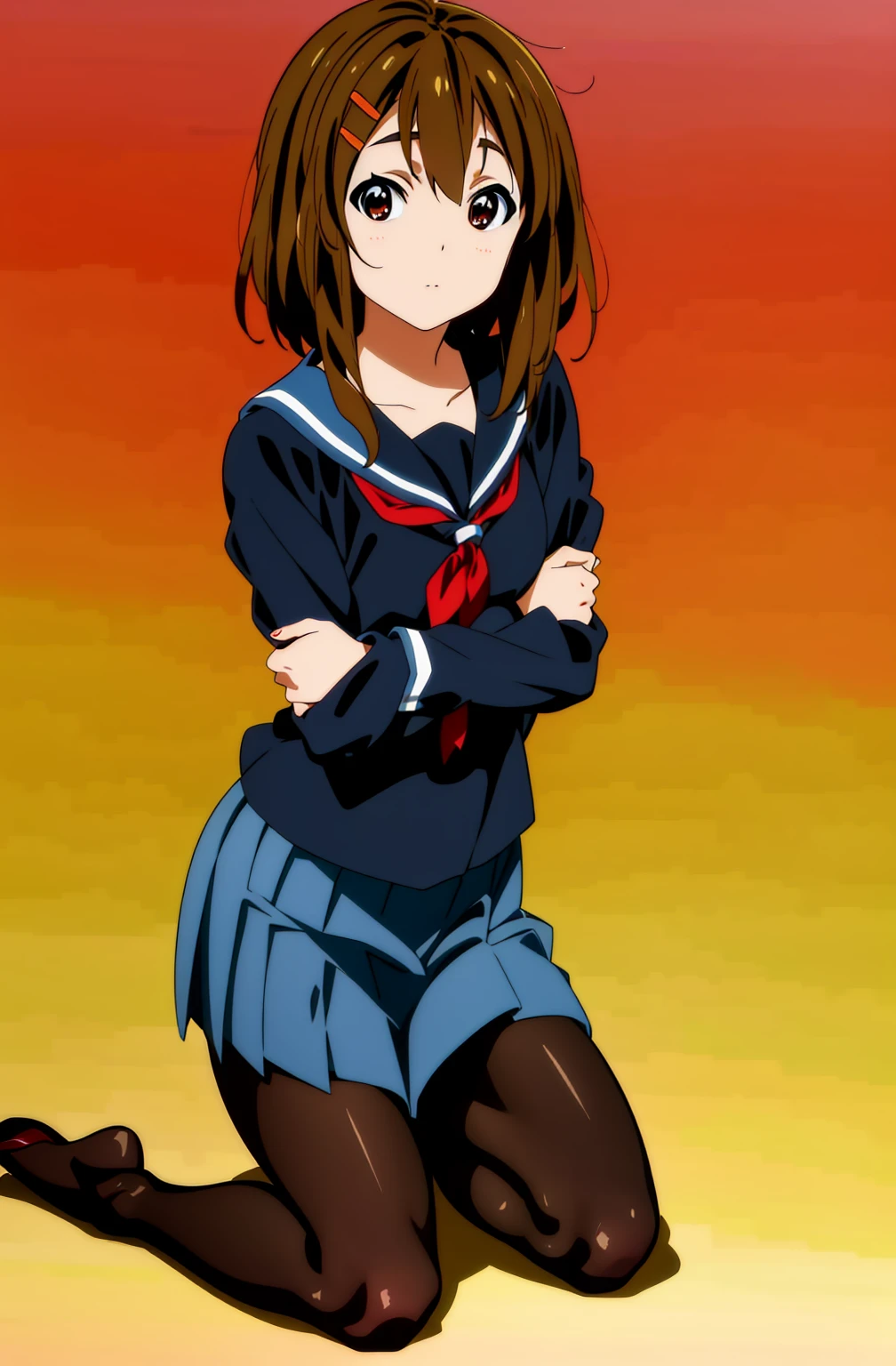 Yui,wearing , skirt, serafuku, black pantyhose, looking at the viewer,standing,sitting,kneeling,squatting,(Masterpiece, Best Quality, Highres), Detailed, Intricate Details, 4K,background schoolyard at Late evening,