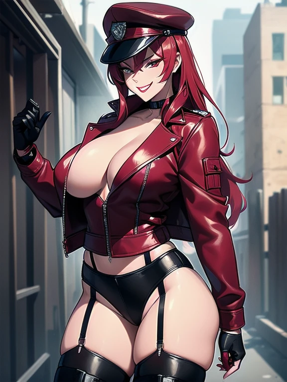 A female criminal who makes a living by committing hold-up robberies in the dingy back alleys of Manhattan.、Extremely beautiful、Heavy makeup、Bright red lips、Pistol、Leather jacket、Big Breasts、Black tights and garter belt、Red stiletto heels、Cruel grin、
evil and lewd smile, glaring at us, perfect anatomy, masterpiece,