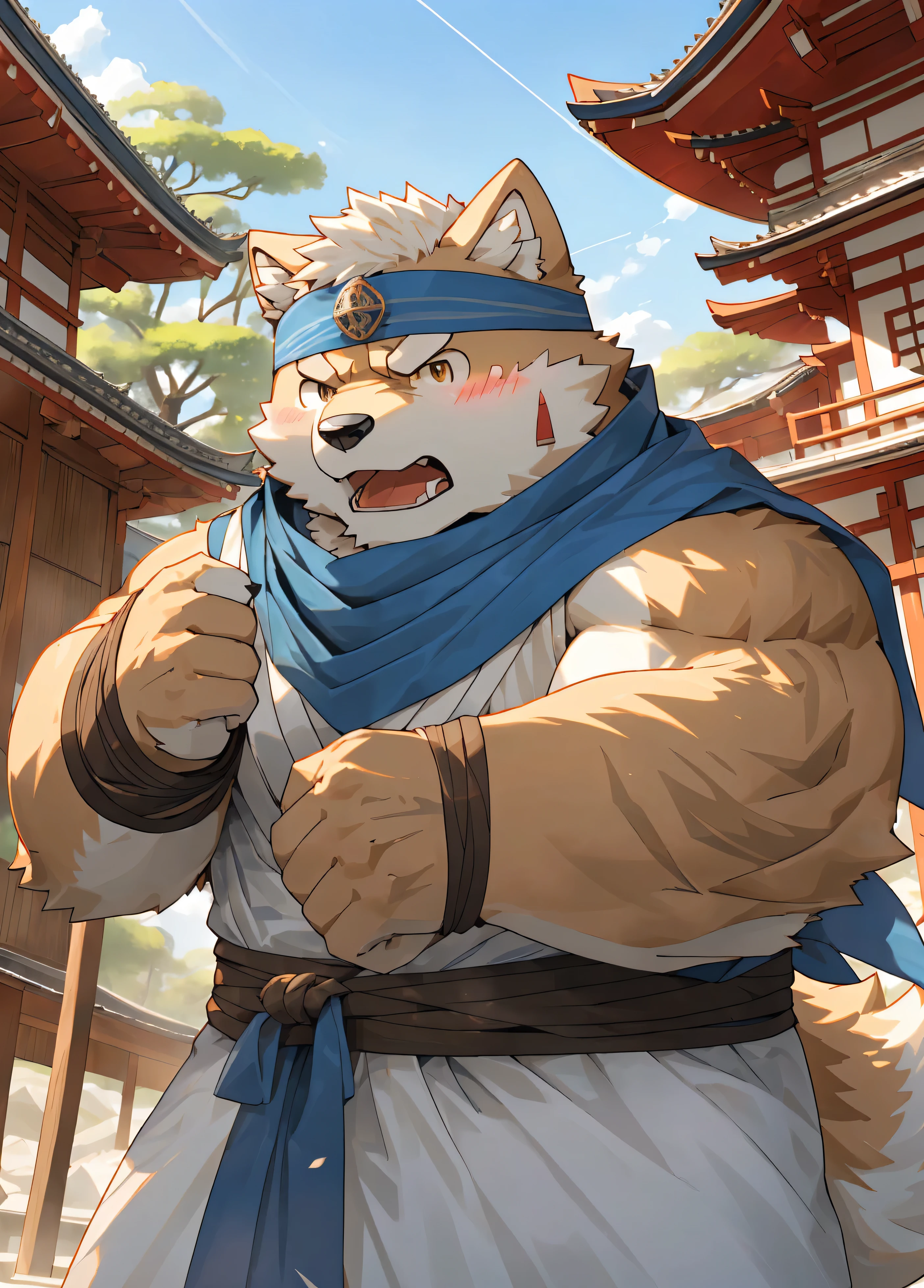(masterpiece),(Very detailed),(best quality),hairy,Shiba Inu,fur,white hair,Gray pupil,(Japan samurai attire),((blue scarf)),((brown headband)),(blush:1.1),(Pretend to be angry),((Pretend to be fierce)),Temple Background,8K,(high quality),(Ultra high quality),(Super detailed)