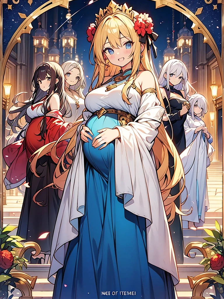 new Harem anime main visual style,pregnant girls wearing dress,happy,3 Pregnant girls,Tapestry of animated characters