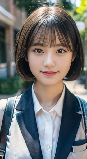 (highest quality,8K quality,masterpiece:1.3),(超A high resolution,Photoreal:1.4,Raw photo),(super detailed,caustics,detailed background),(ultra-realistic capture,Fine and beautiful skin,perfect ???????),at dusk,sunset sky,school building,schoolyard,18-year-old,cute,single eyelid,black short bob,school blazer uniform,looking at camera,laughter,bust up shot,natural soft light