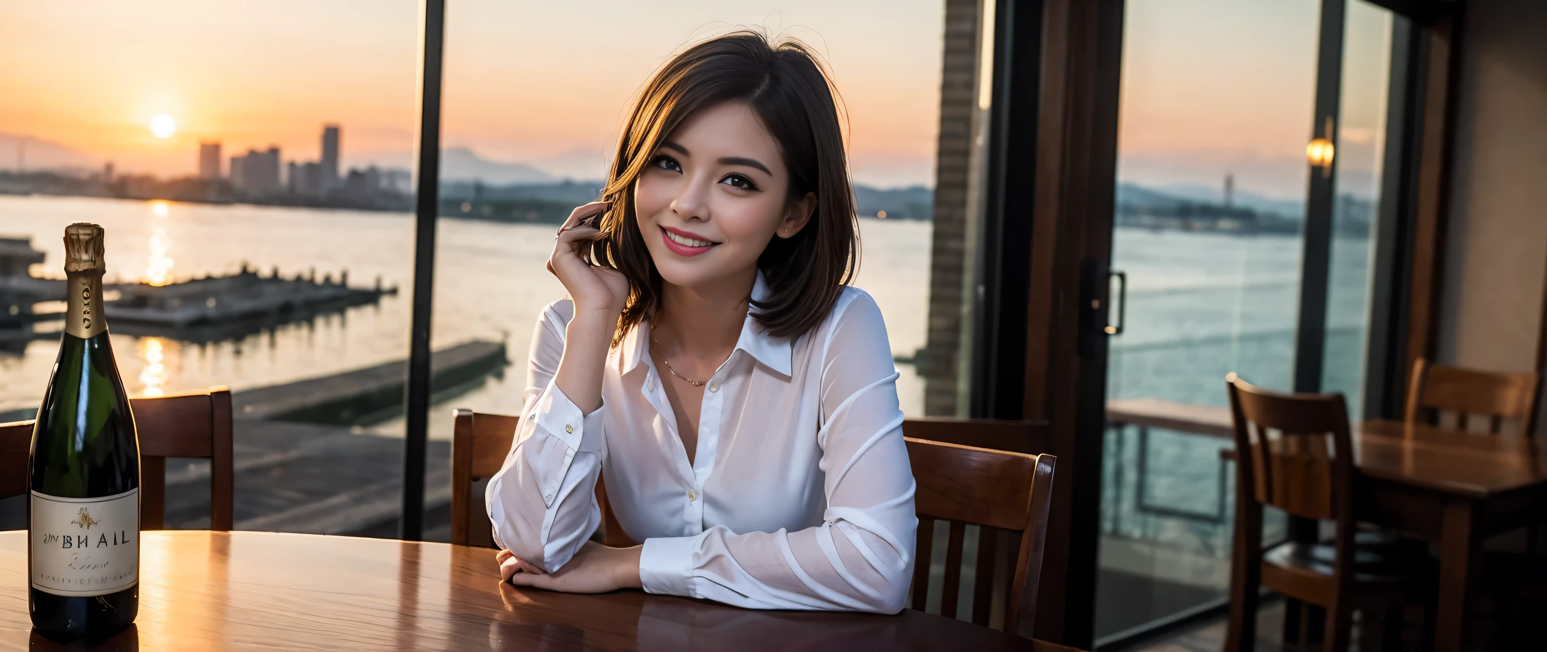 ((highest quality、8k、masterpiece:1.3))、1 male 1 female、Couple、lover、Couple、Slim body、((Bob Hale、Straight hair:1.2))、(to be born, highest quality, masterpiece:1.5), (Realistic, Intricate details:1.2), Wine glass on the table、Put the light on your face、 Amazing view of the sunset sky and clouds、Amazing mountain views、A bright smile、The wonderfulness of smile、Bright image、The beauty of wine, Beautiful Face, blue eyes, The light shines on your face, Blushing, short hair,Bright Face、 (36 years old), 39 years old, red wine 、Appetizers、Italian food、Wine bottle、Champagne、sparkling wine、Two beauties、Brown Hair、Shortcuts、Long sleeve shirt、dress、Pretty Woman 1, (Slim face), (The body is slim), (Brown Hair), (Shortcuts), cheeks turn a little red,Attractive beauty、, Out of the window, A beautiful and detailed night view unfolds.........., restaurant, In a prominent place (From the waist up) Nova Frog Style, actress, model, Upper Body, White wine, slim, wine glass, A wine glass placed in the middle, smile, (smile: 1.15), Beautiful fine grain, Depth f/2,saturation, High Contrast, Strong light and shadow,Moist Body:1.5、3D texture、Delicate eyes、Brown Hair、The hair is very shiny、