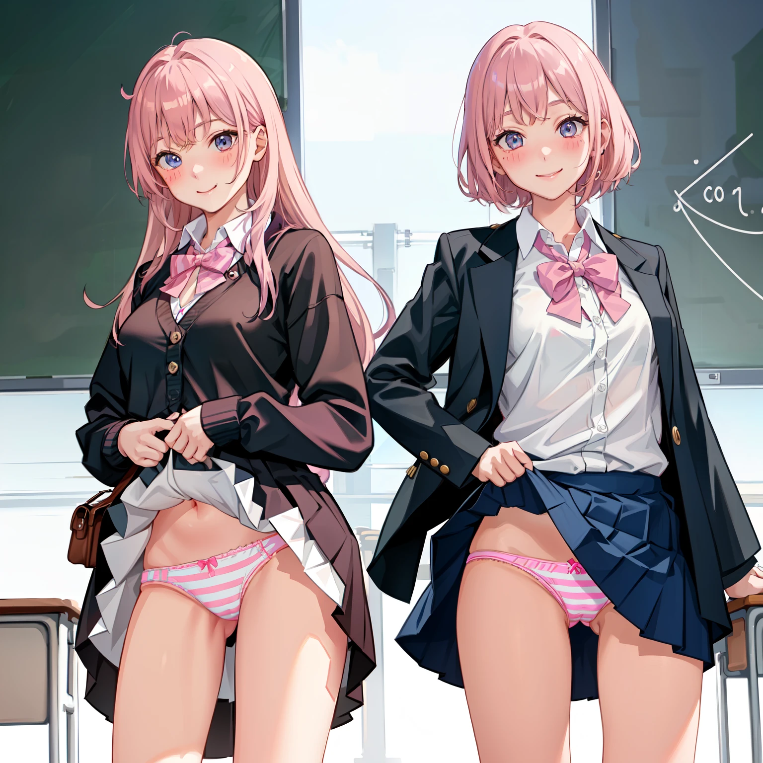 ((2 girls))、(smile:1.5)、Small breasts、(Cowboy Shot)、(fun!!)、(cardigan)、()、(blush:1.4)、Blonde、()、(Eye highlights:1.3)、Blake Black Shoes,(黒いskirt)、bow, button, shirt with collar, Long sleeve, ((red bow tie, , Black jacket, Open jacket, 茶色のcardigan, white shirt, 黒のskirt, チェック柄のskirt、white socks)),, shirt,, skirt, socks, Thighs, white shirt, Rest indoors, ((classroom:1.5))、 BREAK while watching the audience、(skirtを掴む:1.0)、 (Perfect hands, Perfect Anatomy),Cowboy Shot、(skirt lift:1.3),(Highly detailed panties:1.3)、(Highly detailed pink striped panties:1.3)、、(skirt that rolls up:1.3)、(Full-fledged panties:1.5)、Light blue eyes、Glowing Eyes、long hair