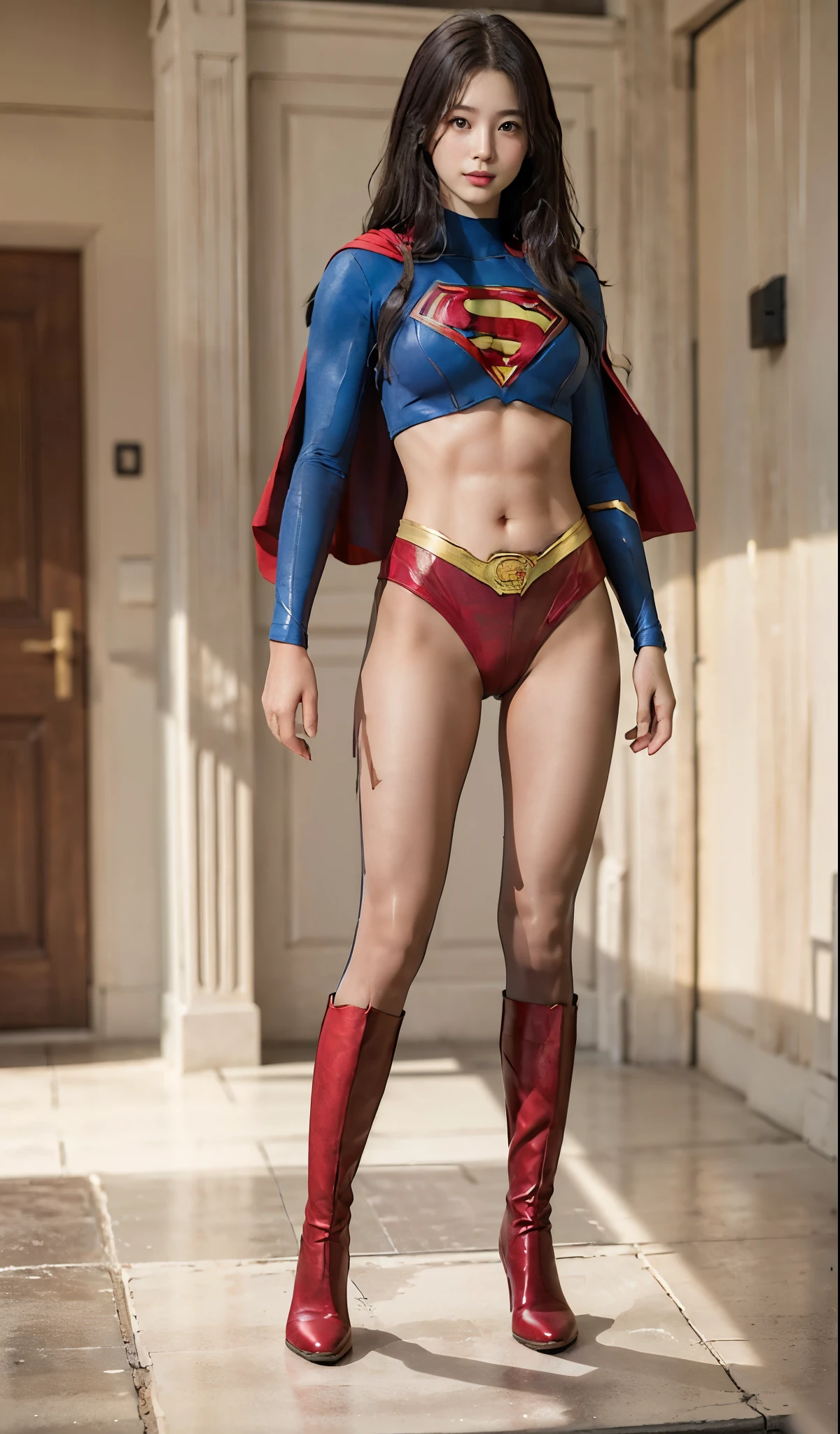 No background、(((Beautiful legs in black tights.)))、(((Legally express the beauty of your smile)))、((((Make the most of your original images)))、(((Body-fitting Supergirl costume)))、(((Supergirl Costume)))、(((Beautiful Hair)))、(((suffering)))、(((Please wear black tights....、Wear red boots)))、((Best image quality、8k))、((highest quality、8k、masterpiece:1.3))、(((Preserve background )))、Sharp focus:1.2、Beautiful woman with perfect figure:1.4、Slim Abs:1.2、Wet body:1.5、Highly detailed face and skin texture、8k