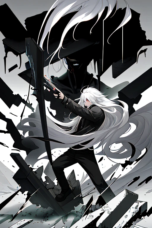 Boy, with long hair, with white hair, black and white, destruction, 4K quality.