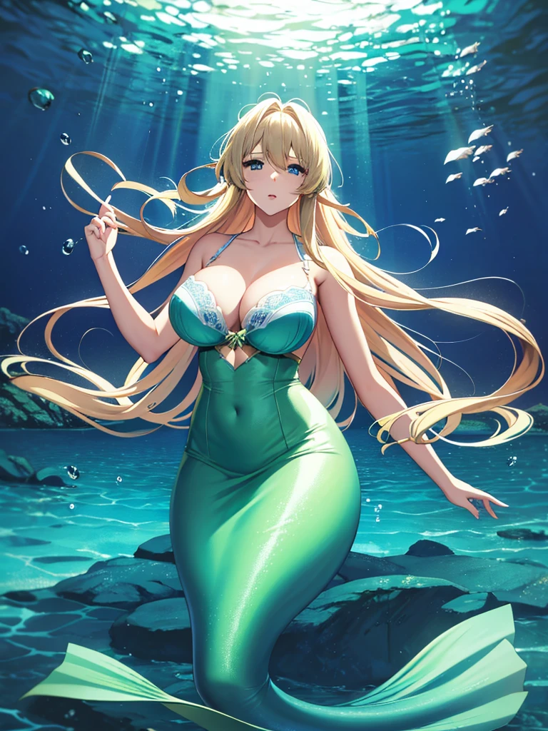 violet evergarden, mermaid, underwater, masterpiece, best quality, 1girl, solo, blonde hair, long hair blue eyes, large breasts, bra, looking at viewer, green mermaid tail,