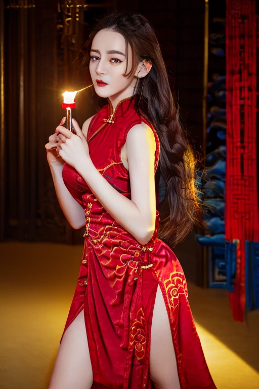 (night, Soft lighting, Highest quality, 8K, masterpiece, RAW Photos, Angle from below:1.3), Technoir, Smile mischievously, Artistically refined, Realistic visuals, Breathtaking beauty, Diffused, natural skin glow, Floating Medium Hair, bangs, (China dress:1.2), Candid, zwd, ,mysterious, Beautiful Girl Fantasy, Red colored eyes, , Narrow eyes, Symmetrical eyes, (Black and red highlight hair) , Super detailed, Intricate details, Highly detailed face and skin tones, The body is slim, Full Body Tattoo, Fine grain, Realistic,, intellectual, Fascinating, Beautiful standing posture, Slim legs, Small breasts, nightの街