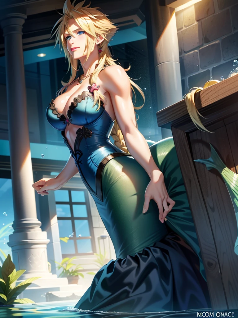 cloud strife, mermaid, blonde hair, long hair, wavy hair, blue eyes, red lips, smile, blush, large breasts, bra, underwater, green mermaid, mermaid tail,